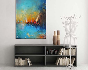 Abstract Seascape Oil Painting: Sailing Boats on Canvas
