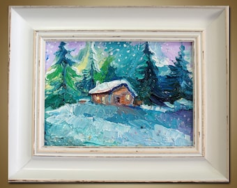 Small Oil Painting, Winter painting landscape, Canvas wall art, Rustic wall decor, Nature art, Forest wall art, Framed painting
