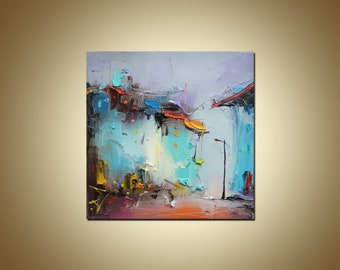 Impasto Cityscape Painting, Modern Urban Art on Canvas (8x8)