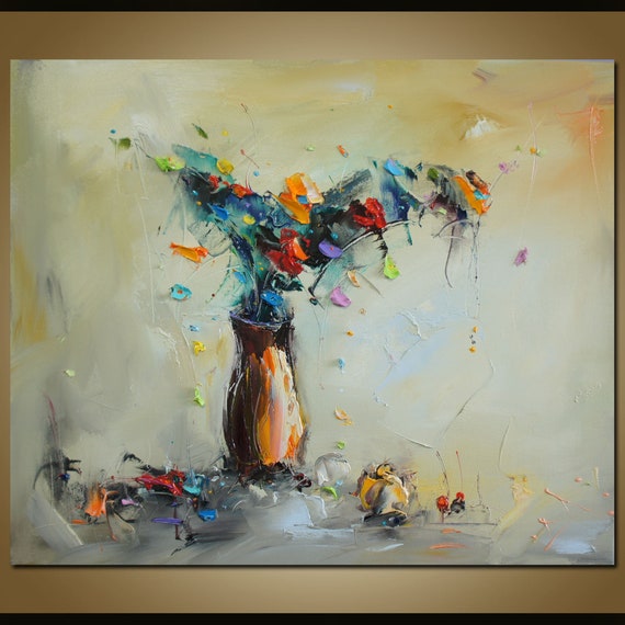 油絵花の絵画抽象花のアートワークベージュ抽象画花の壁アート