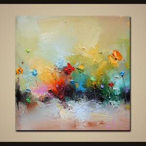 キャンバスに描かれた抽象的な花の油絵、ベージュの花の静物画、22x28