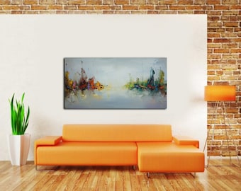 Large Abstract Oil Painting: Yellow, Gray, and Red Canvas Art