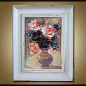 Roses painting original oil canvas flowers bush colorful bright texture wall decor vintage style for living room gift Idea