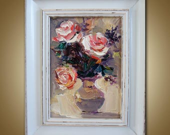 Roses Oil Painting, Original Floral Still Life, Framed Vintage Decor