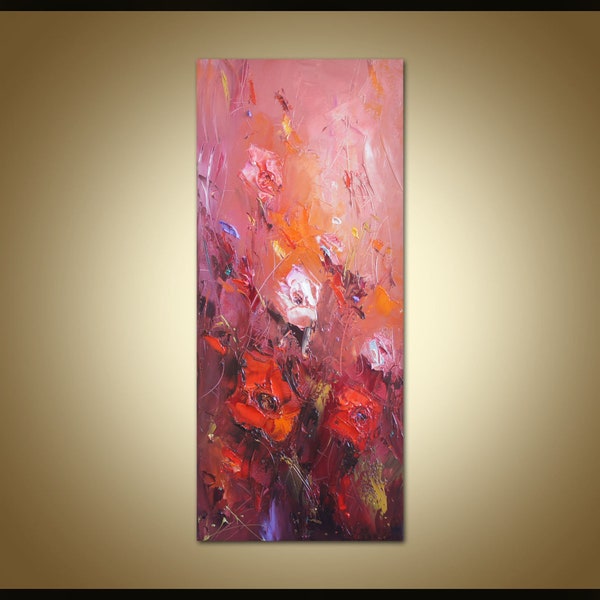 Rouge violet orange rose fleurs peinture, peinture coquelicot rouge, oeuvre originale, paysage, peinture à l’huile originale, couteau à palette, décoration murale