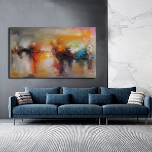 Large Original Abstract Cityscape Painting On Canvas Modern Red Textured Abstract Fine Art Beige Oil Painting for Living Room Wall Decor