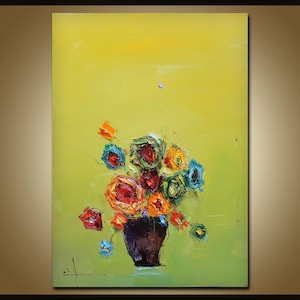 Dipinto a olio su tela con bouquet di girasoli, impasto floreale testurizzato, decorazione da parete con fiori verdi, decorazione da cucina in stile country, regalo per lei