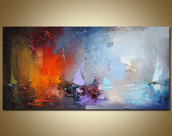 Abstract Sailboats Oil Painting, Colorful Seascape Art (8x16)