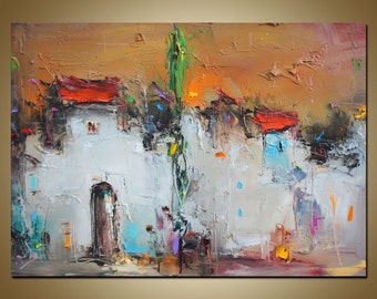 Cityscape Oil Painting: Large Abstract Art, Modern Living Room Decor