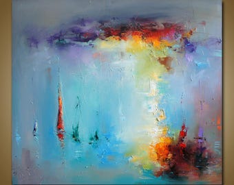 Large Abstract Sailboats Oil Painting, Modern Seascape Canvas Wall Art
