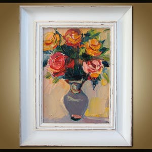 Mini floral Oil pastel painting framed 5x7 in Original flower Handmade Still life painting Bouquet painting by palette knife