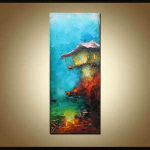 Pintura a óleo, pintura original, paisagem vermelha verde, pintura de paisagem marítima, arte moderna, arte contemporânea, pintura a óleo com faca de paleta, arte moderna