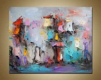 Pintura abstracta de paisaje urbano, arte moderno con espátula, 20x16