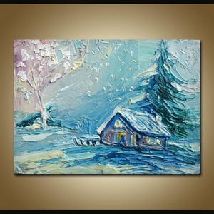 Winter Painting Snow Forest Original Art Winter Landscape Artwork Christmas Wall Art Birch Tree Artwork Christmas gift, Textured Painting