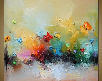 油絵花の絵画抽象花のアートワークベージュ抽象画花の壁アート