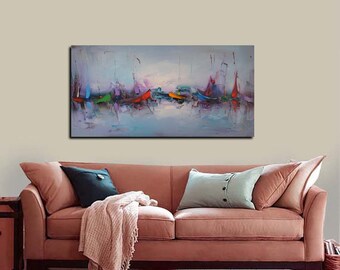 Large Abstract Sailboats Oil Painting, Modern Palette Knife Canvas Art