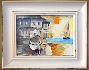 Pintura al óleo costera, barcos en la playa, arte marino enmarcado (5x7)