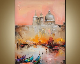 Peinture de Venise sur toile, oeuvre d'art originale, peinture de l'Italie, peinture de gondole, peinture de paysage marin, art impressionniste, art mural de chambre, cadeau