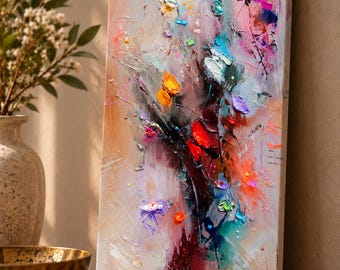 Colorful Abstract Floral Painting – Textured Flowers Original Oil Painting on Canvas, Modern Wall Art