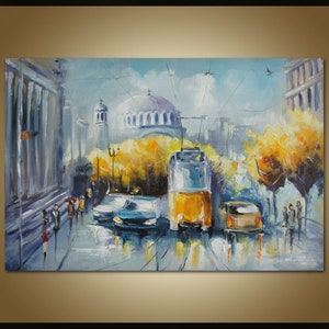 Peinture à l'huile originale, peinture à l'huile de paysage, toile, peinture colorée, couteau à palette, oeuvre d'art murale gris rouge bleu marron, décoration d'intérieur