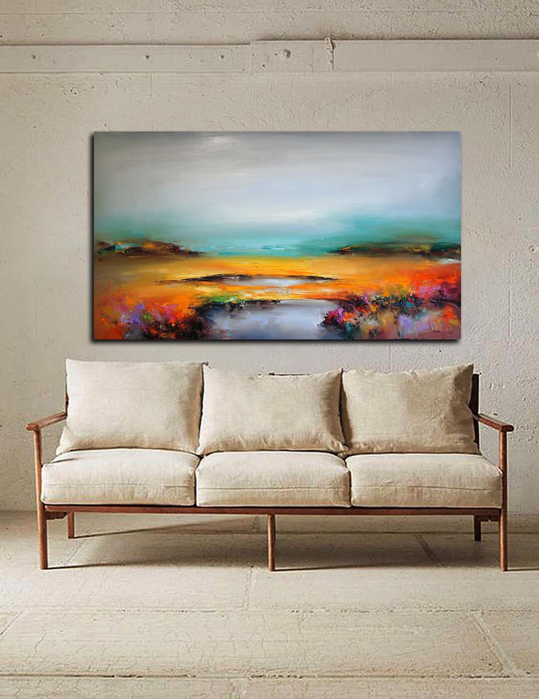 Textured Lake Landscape Oil Painting, Impasto Forest Wall Art (150x85cm ...