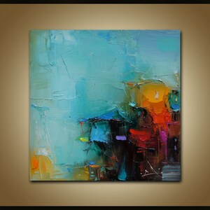 Pintura de paisaje abstracto sobre lienzo, paisaje de pueblo, azul marino, verde azulado, pintura de casa, lienzo texturizado, pintura acrílica, arte de pared de salón
