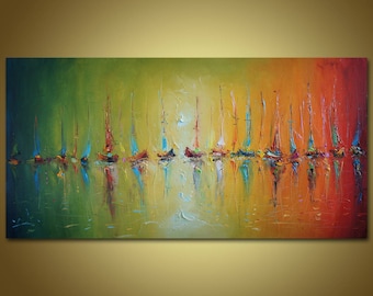 Colorful Sailboats Painting: Large Abstract Seascape, Original Oil Artwork