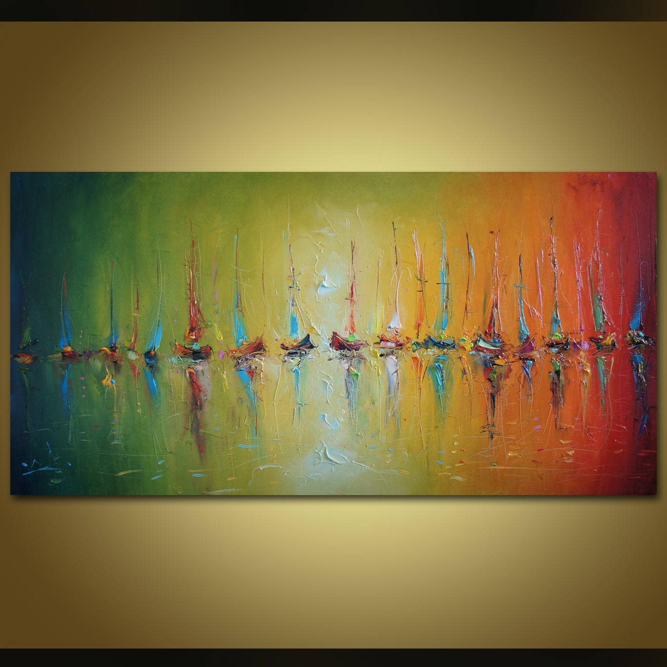 カラフルな帆船の絵画：大きな抽象的な海景、オリジナルの油絵 - Etsy 日本