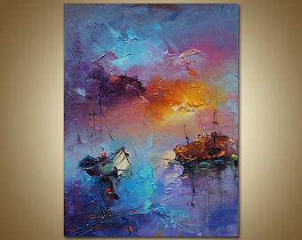Seascape Oil Painting, Canvas Art, Landscape Painting, Modern Art, Abstract Art, Rustic Wall Decor, Sailboats Painting, Wall Art, Home Decor