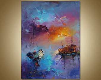 Zeegezicht olieverfschilderij, canvas kunst, landschap schilderen, moderne kunst, abstracte kunst, rustieke muur decor, zeilboten schilderen, kunst aan de muur, home decor