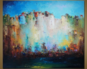 Grande dipinto a olio di paesaggio urbano, realizzato con spatola su tela.