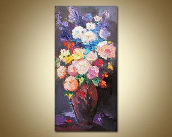 花瓶の花の絵、抽象的な花の絵 - 花の絵、キャンバスに描かれたピンク