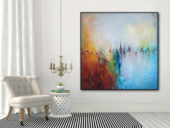 Large Painting on Canvas Original Wall Art White Painting Blue Painting  Contemporary Art Original Painting Canvas Abstract Room Decor 