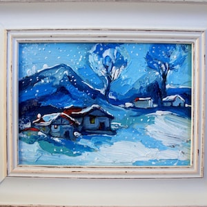 Snow landscape Painting Winter Oil Painting Birch Tree Original Art Hand Painted Artwork Christmas gift