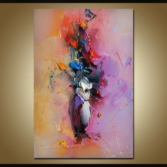 花の油絵、キャンバスアート、花の油絵、パレットナイフ画、ウォール