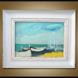 Pintura a óleo original à beira-mar emoldurada 7x5 arte oceânica empastada óleo texturizado pequena pintura arte de parede decoração pintura