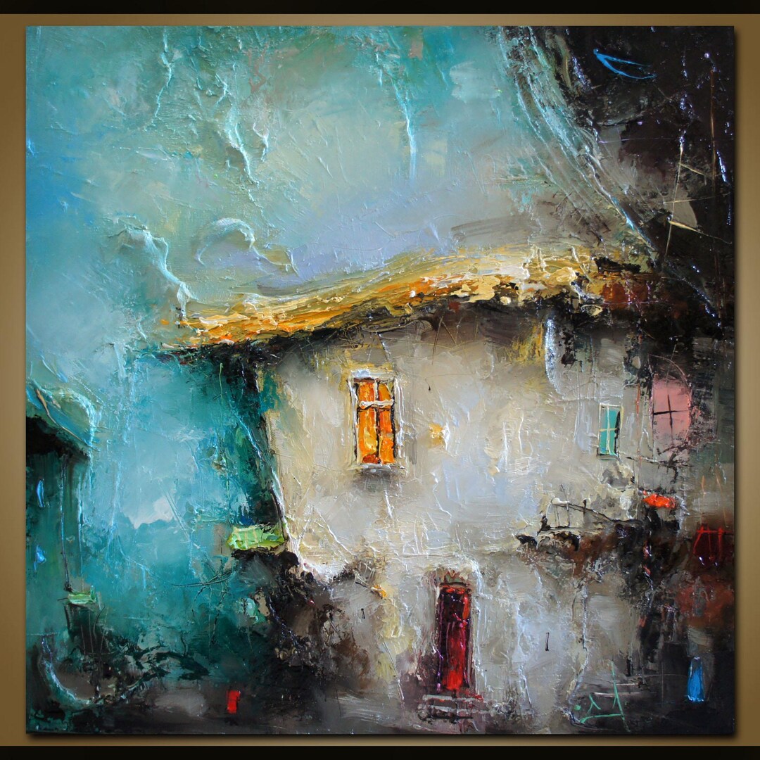 キャンバスに描かれた抽象的な青い風景画（正方形）オリジナルのモダン