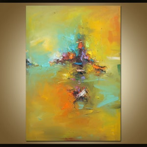 May include: Abstract painting featuring a blend of vibrant colours, including yellow, orange, green, blue, and purple. The painting has a textured surface and a bold, expressive style.