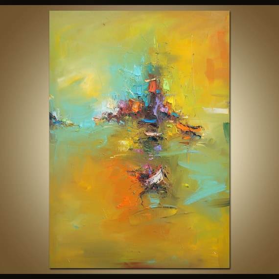 Large Abstract Landscape Oil Painting: Yellow Brown Rustic Canvas Art (27x40)