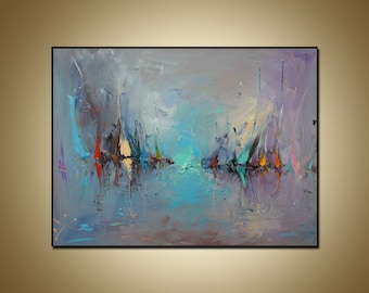 Minimalistische kunst, Zeegezicht Moderne Schilderkunst, Blauwe Abstracte Muur kunst, moderne abstracte kunst, grote muur kunst, penseelstreek kunst zeilboten schilderen