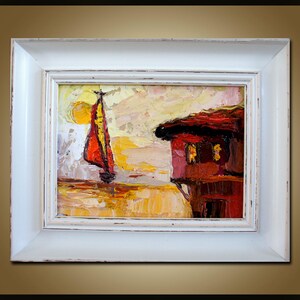 Segelschiffe, Palettenmesser-Ölgemälde, abstrakte Segelboote, Seelandschaft, Originalkunstwerk, Küche, Wanddekor, Ölgemälde, Rahmenkunst
