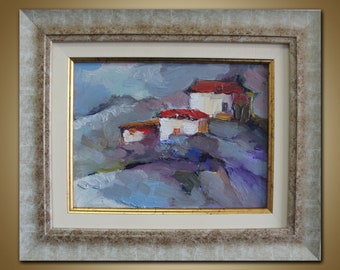 Framed Mountain Village Oil Painting, Original Abstract Landscape