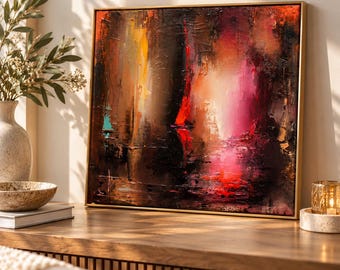 Red and Black Abstract Oil Painting, Original Textured Impasto Art, Modern Palette Knife Wall Art, 15x15"