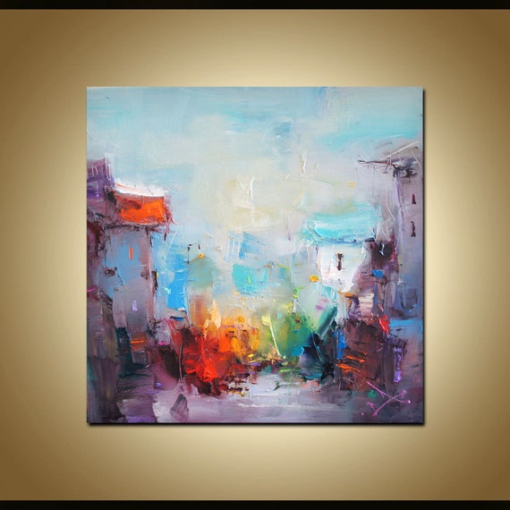 都市景観の油絵、現代抽象芸術、キャンバス壁装飾 - Etsy 日本