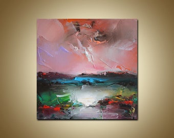 Kleines abstraktes Landschaftsbild, 20x20cm, rot-weißes Acrylbild