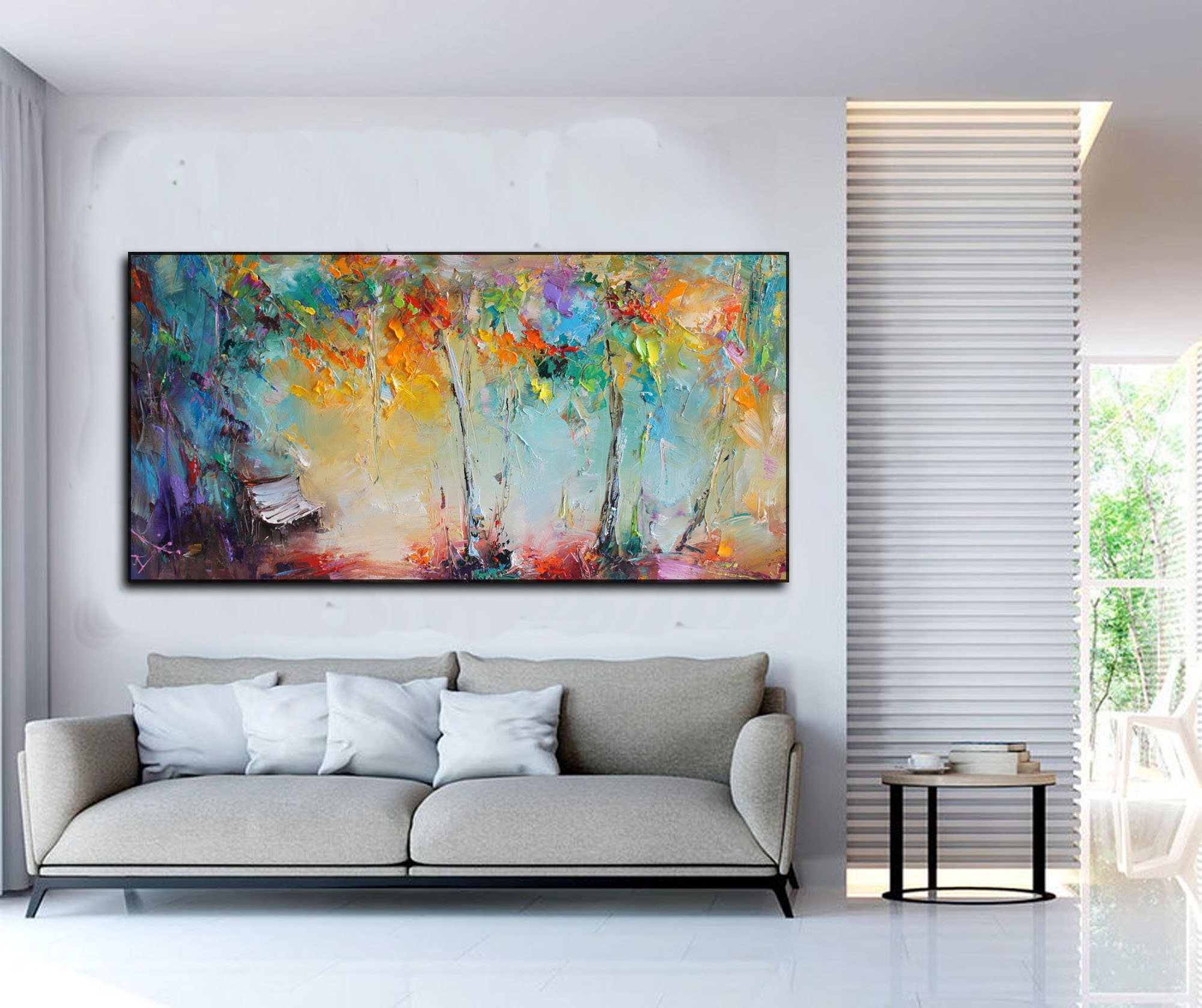 Oil Painting Colorful Birch Trees Autumn, Landscape Wall Art