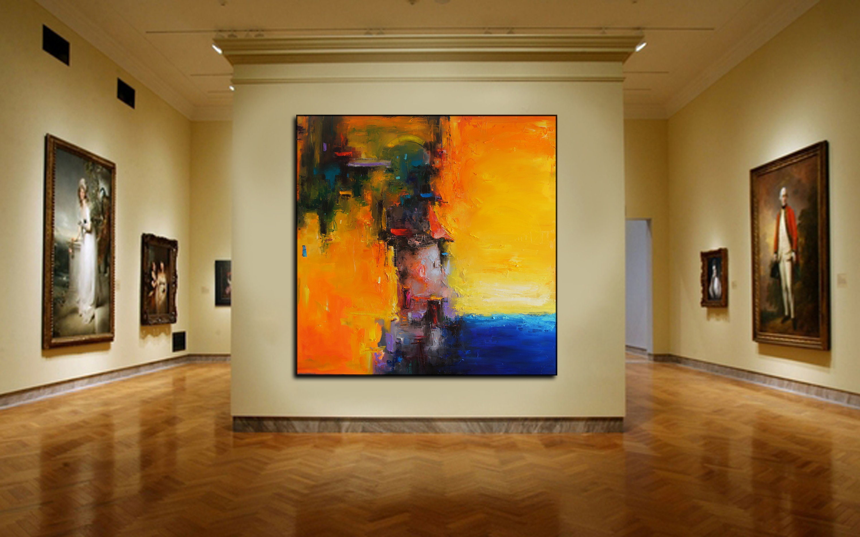 大きな黄色の抽象画、キャンバスに描かれた特大の絵画、大きな