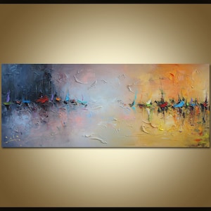 Große bunte Malerei, abstrakte Segelboote Malerei, Original-Kunst, Meer Malerei, abstrakte Ölgemälde, Leinwand Malerei, große Leinwand Kunst
