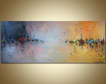 Abstract Sailboats Oil Painting, Large Colorful Canvas Art (40x16 in)