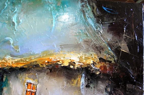 キャンバスに描かれた抽象的な青い風景画（正方形）オリジナルのモダン